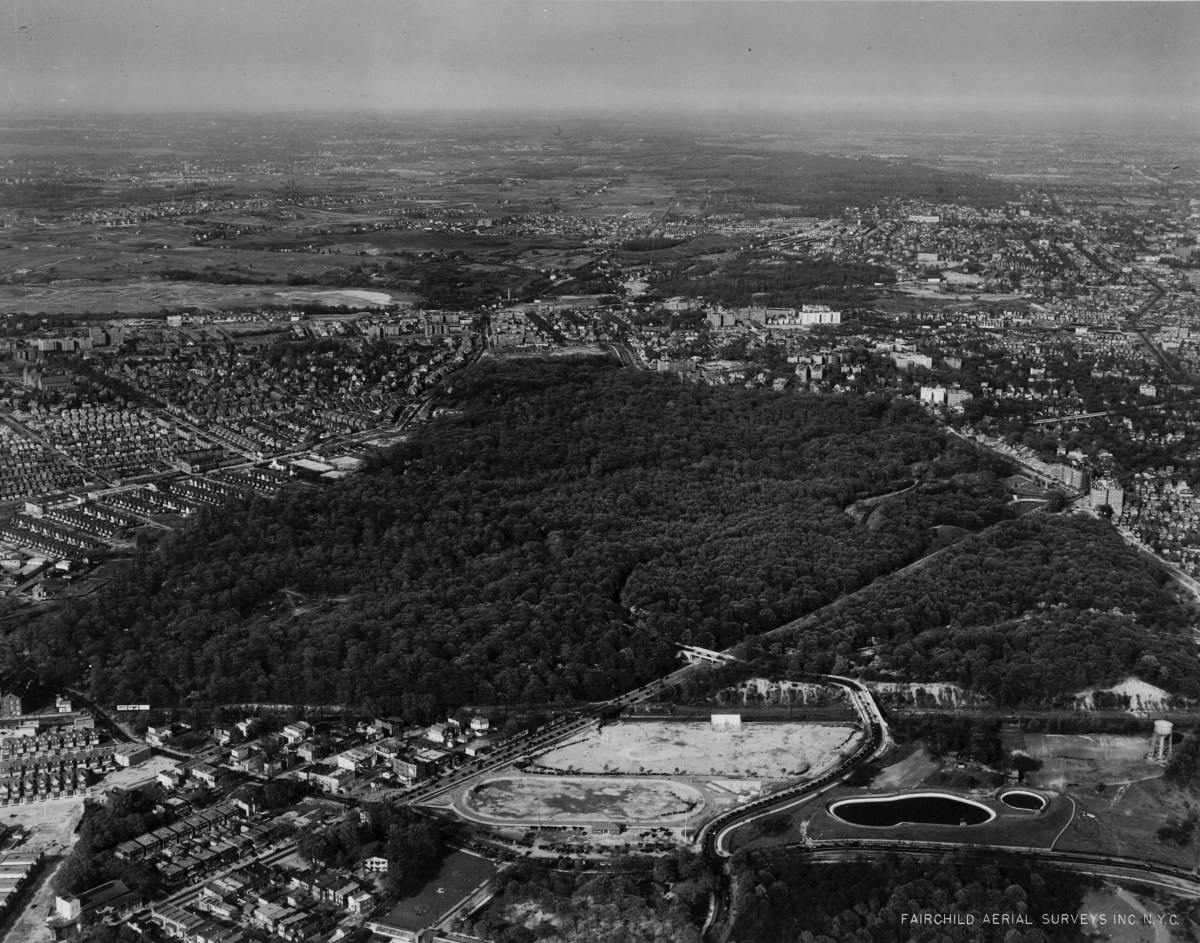 An aerial view of Forest Park; Victory Field can be seen in the foreground still being developed.